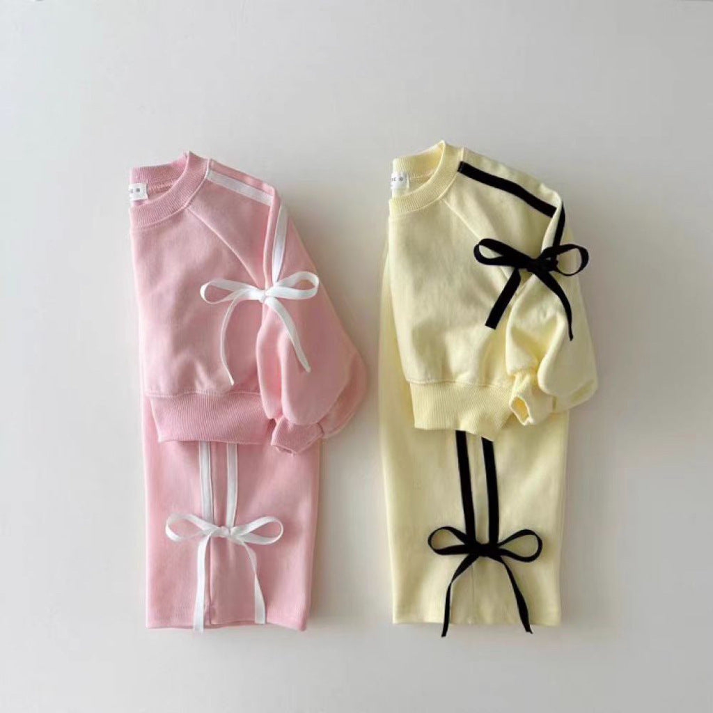 Baby Bowknot Strip Patchwork Sweater Suit All-matching Western Style