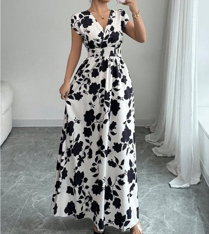 Short Sleeve Lace-up Dress Printed V-neck