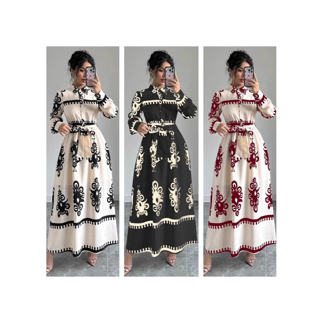 Printed Lace Up European And American Elegant Dress