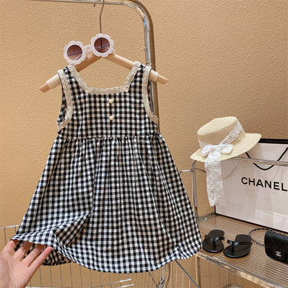 Sweet Black And White Plaid Princess Vest Skirt