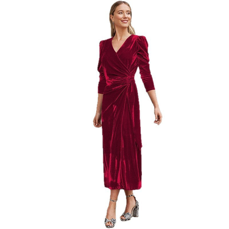 Polyester Women's Dress French Style V-neck Elegant Long Sleeve Evening Dress