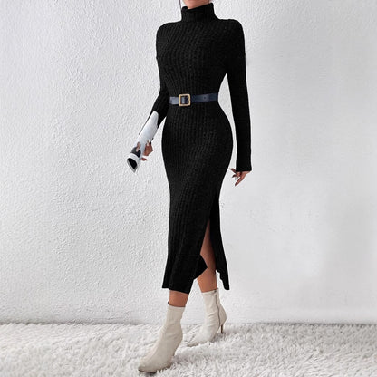 Female Solid Color High Neck Semi-high Neck Black Knitted Dress