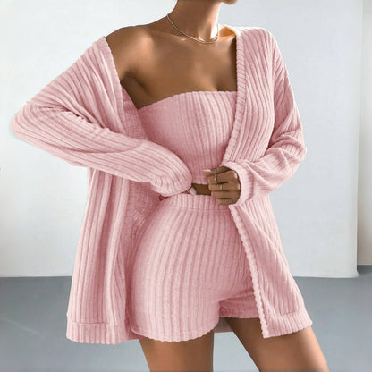 Brushed Striped Women's Pajama Three-piece Set