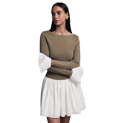 Fashion Color-block Round Neck Trumpet Sleeve Dress For Women