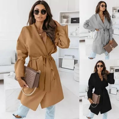 Autumn And Winter New Fashion Solid Color Long-sleeved Tied Tweed Jacket