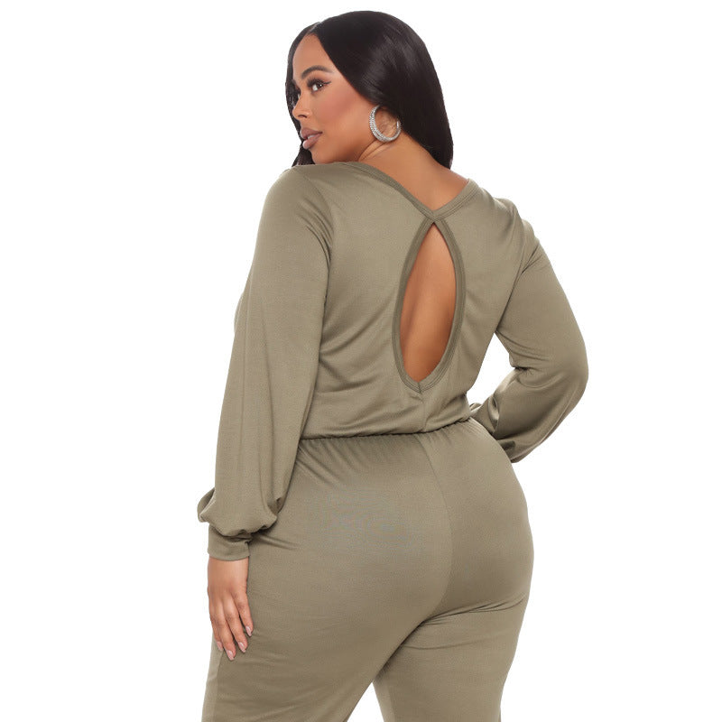 Women's V Neck Back Cutout Long Sleeve Casual Waist Jumpsuit
