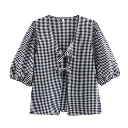 Women's Plaid Knotted Top Casual All-match