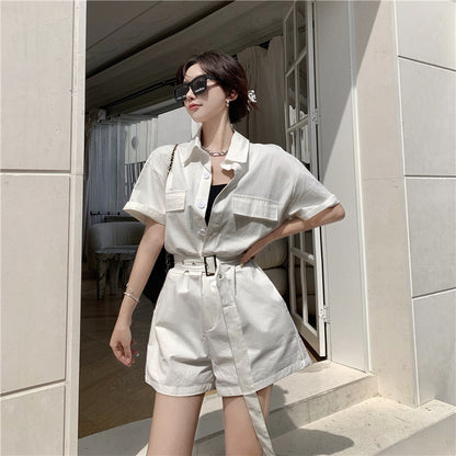 Summer New Style Casual Loose Lapel Tooling Lace-Up Jumpsuit Women Wide-Leg Shorts
