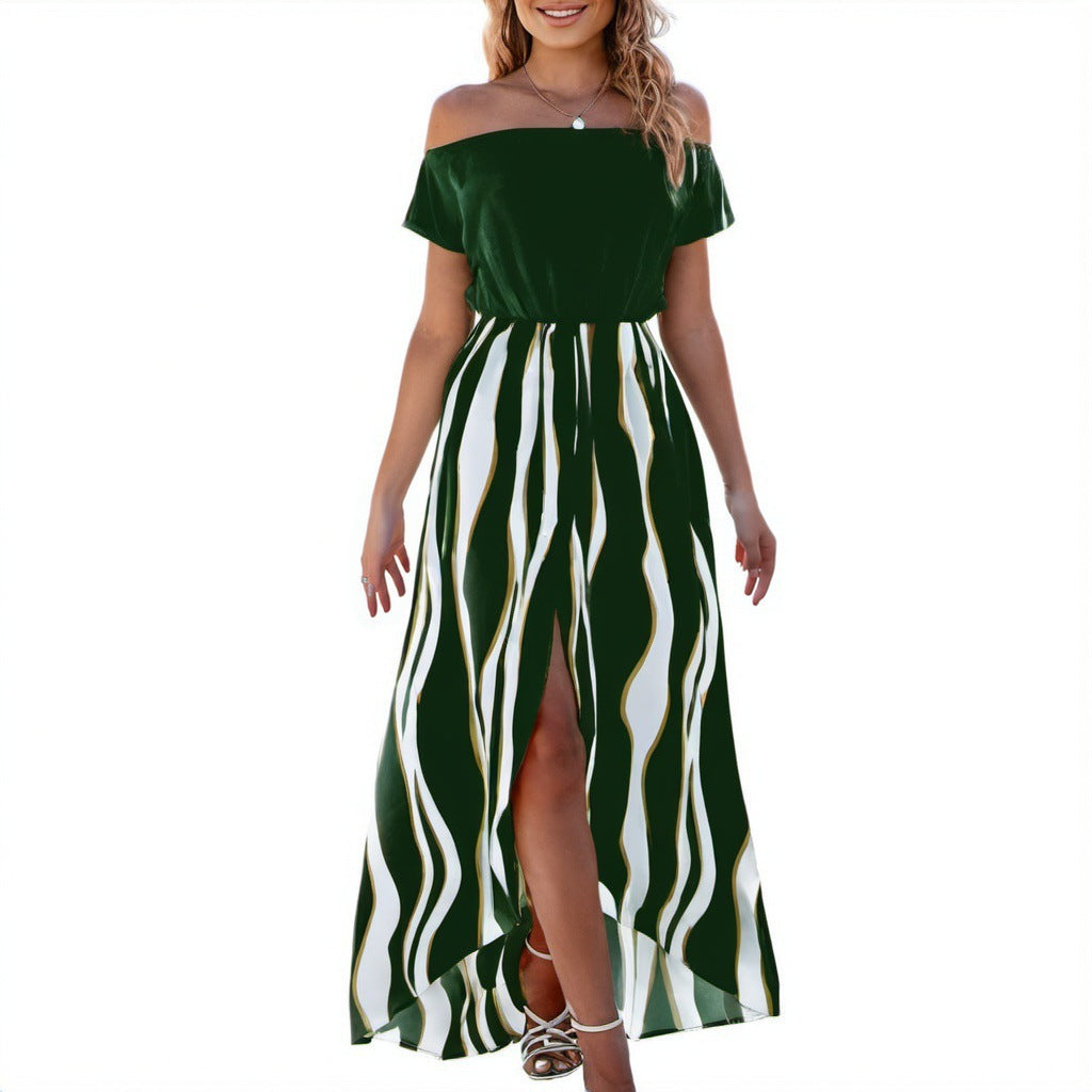 Zebra Pattern Off-the-shoulder Waist Trimming Short-sleeved Shorts Dress