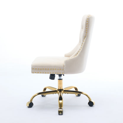 A&A Furniture Office Chair,Modern Velvet Upholstered Tufted Button Home Office Chair With Golden Metal Base,Adjustable Desk Chair Swivel Office Chair Beige