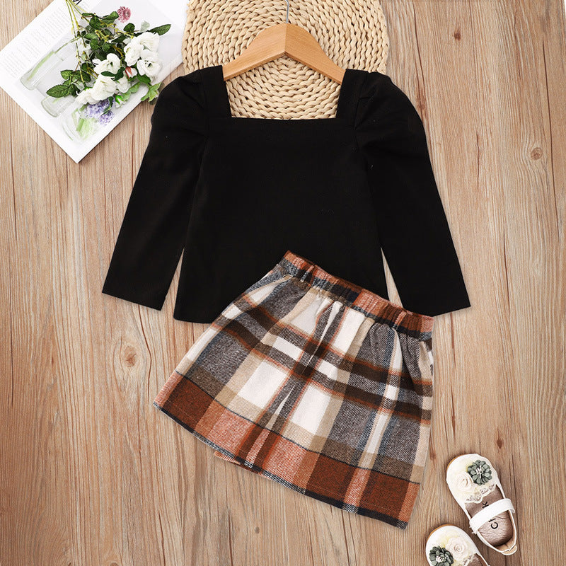Long Sleeve Plaid Print Children's Skirt Set