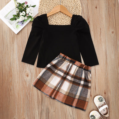 Long Sleeve Plaid Print Children's Skirt Set