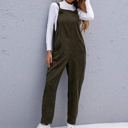 Fall Casual Loose Corduroy Solid Color Strap Ladies Jumpsuit