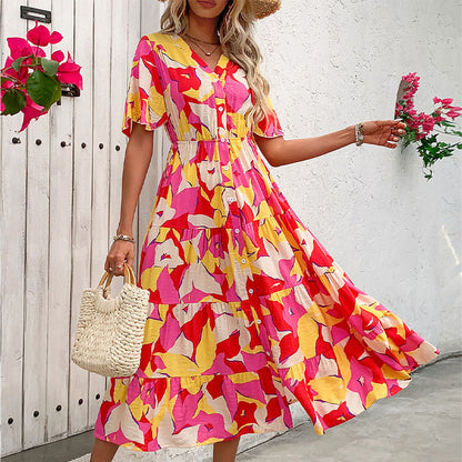 A Single-breasted Printed Mid-length Dress