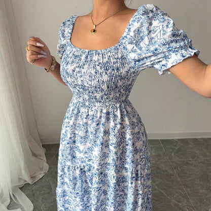 Elegant Idle Style Printed Square Collar Loose Long Puff Sleeve Dress