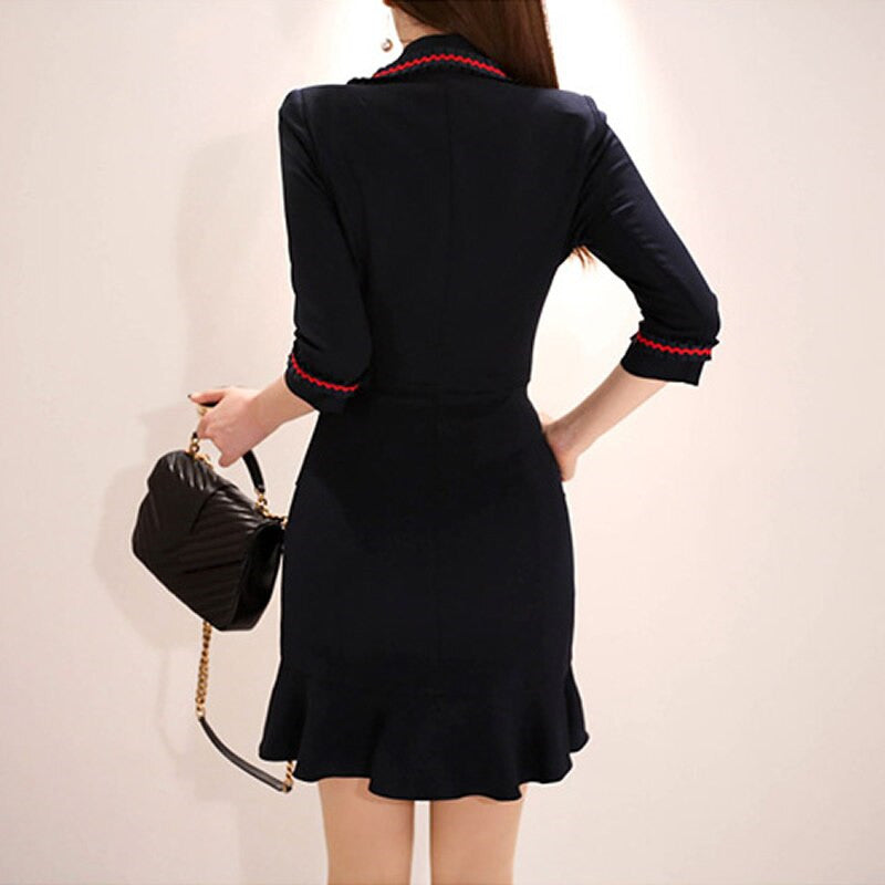 Double-breasted slim fit suit collar bag hip dress women