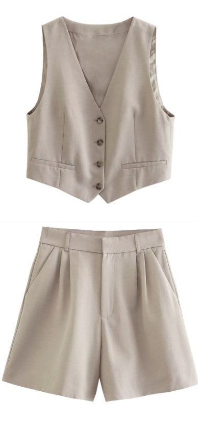 Women's Waistcoat Vest Linen Blended Casual Shorts Suit Women