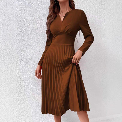 Fashionable Elegant, Solid-color Pleated Waist-cinching Slim Dress