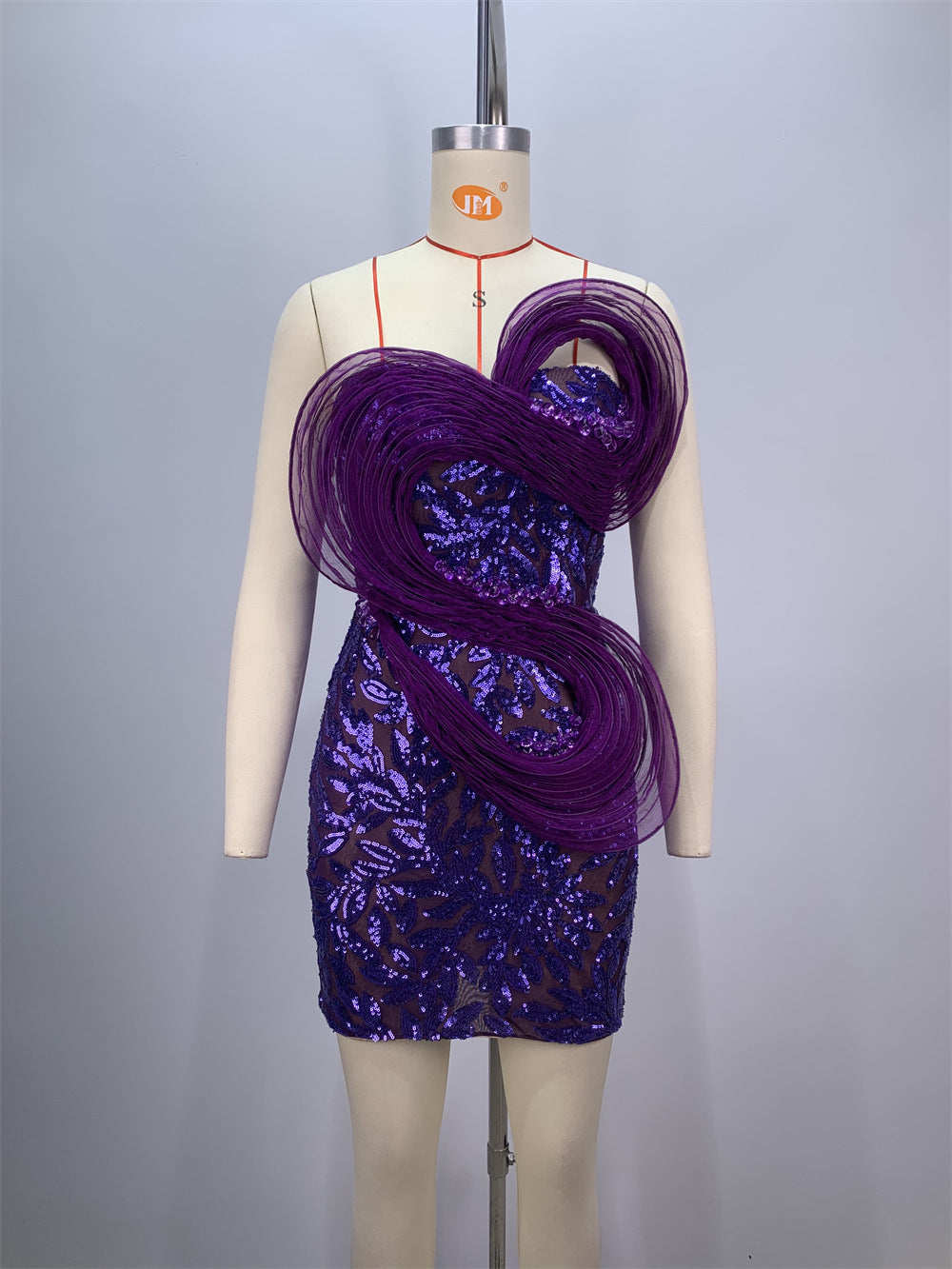 Fashion Backless Off-shoulder Tube Top Mesh Sequins Tight Purple Mini Dress