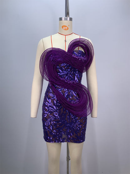 Fashion Backless Off-shoulder Tube Top Mesh Sequins Tight Purple Mini Dress