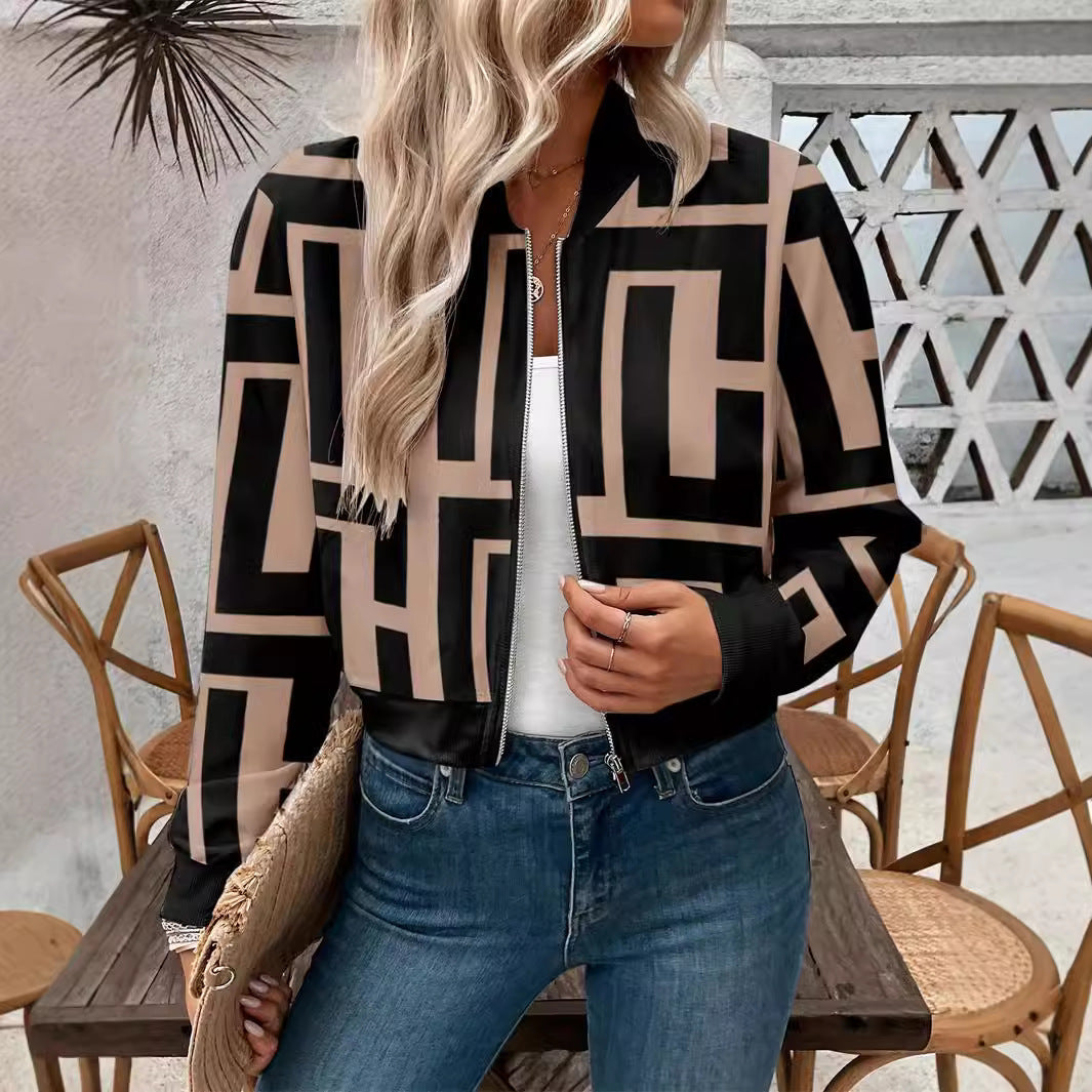 Women's Zipper Geometric Print Casual Long-sleeved Jacket