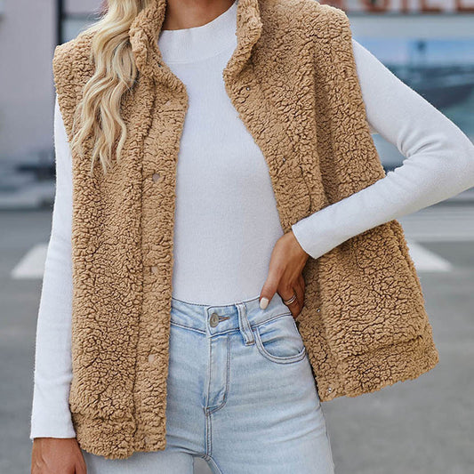 Autumn And Winter Solid Color Vest Women's European And American Leisure Style Button Pocket Warm Sleeveless Top