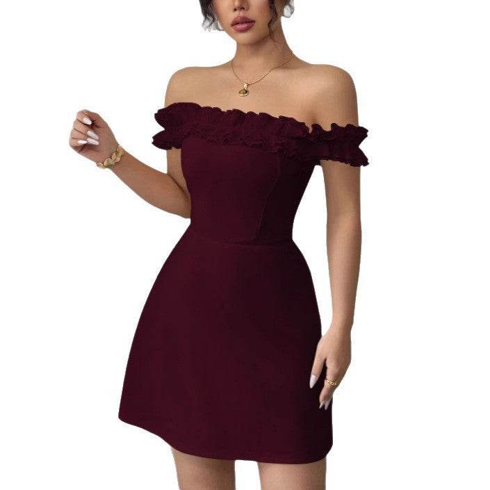 American Retro Sexy Socialite Off-neck Temperament Adult Lady Like Woman Design Sense Hip-wrapped Short Dress