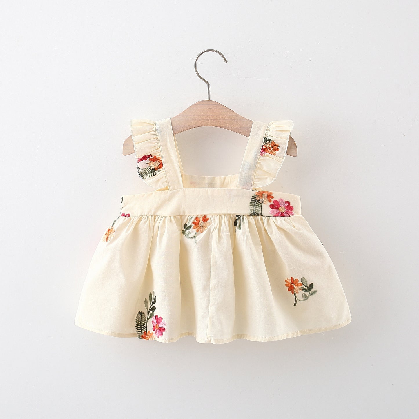 Full Body Embroidered Flowers Flounced Sleeve Cotton Dress