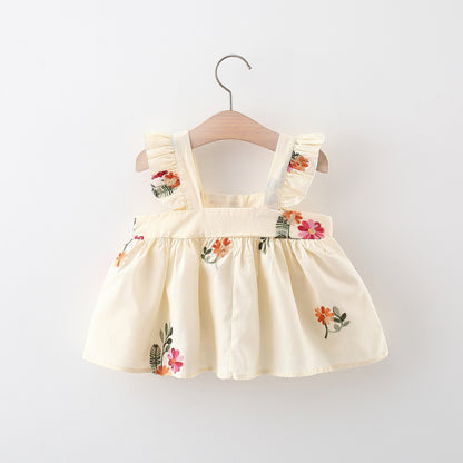 Full Body Embroidered Flowers Flounced Sleeve Cotton Dress