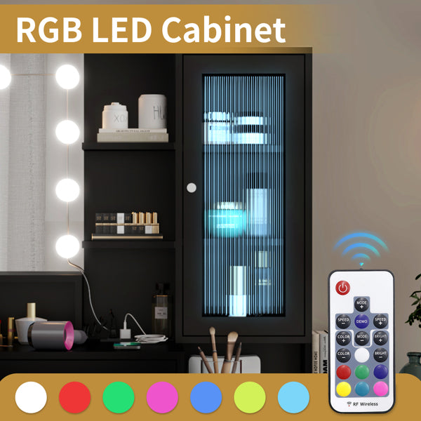 3-door, 4-drawer, Dressing Table, With Sockets, With Tri-tone Light Bulbs, With GRB Light Strip, Combination Cabinet