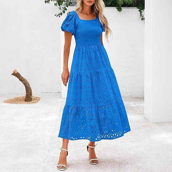 Square Collar Puff Sleeve Pleating Mesh Short Sleeve Dress