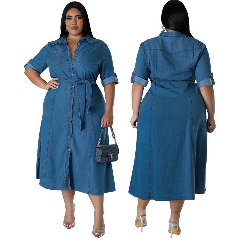 Denim Lapel Long Sleeve Tied Midi Dress