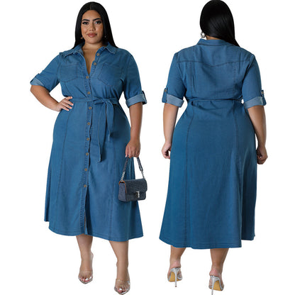 Denim Lapel Long Sleeve Tied Midi Dress