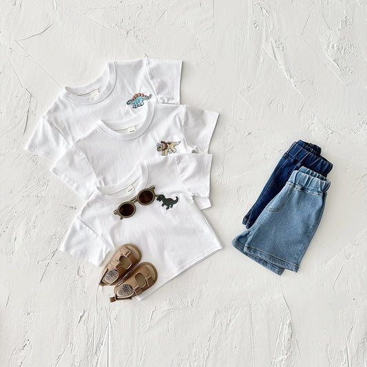 Children's Cartoon Dinosaur Embroidery Short Sleeved Set