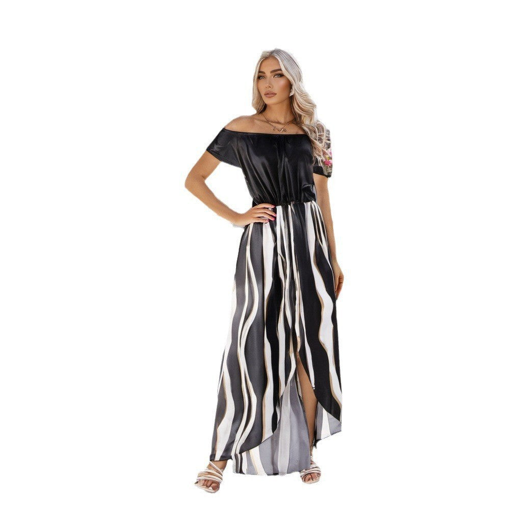 Zebra Pattern Off-the-shoulder Waist Trimming Short-sleeved Shorts Dress