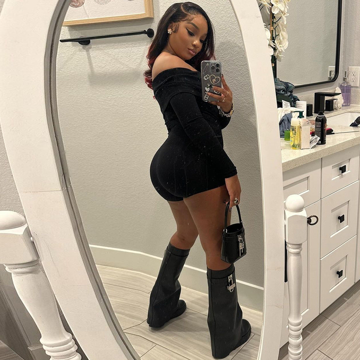 Autumn New Sexy Hot Girl Off-shoulder Long Sleeve Knitted Jumpsuit