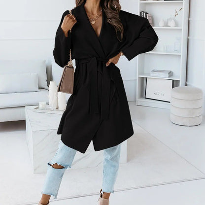 Autumn And Winter New Fashion Solid Color Long-sleeved Tied Tweed Jacket