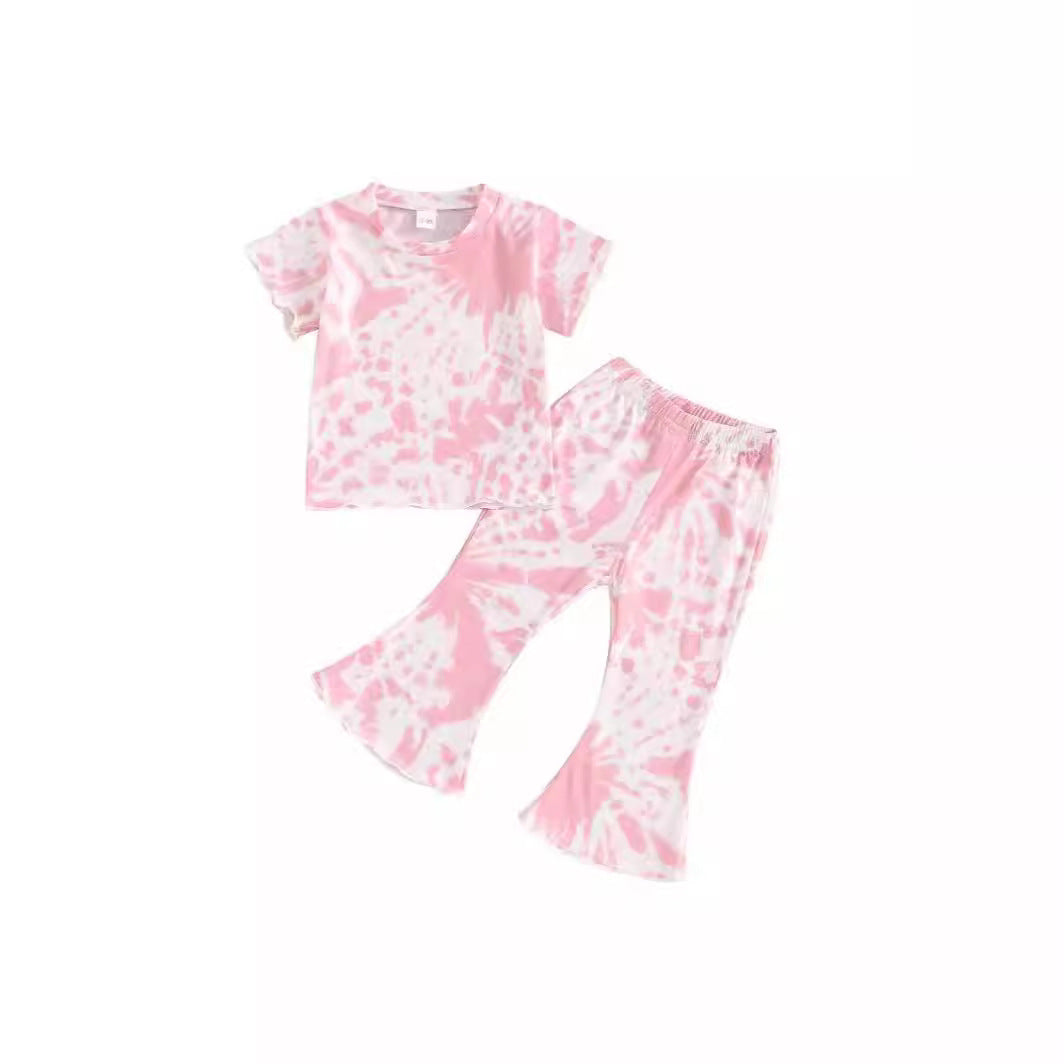 Girls' Tie-dye Peplum Top Bell-bottom Pants Suit