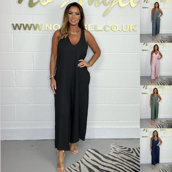 Women's Solid Color Cotton And Linen Suspender Wide Leg Pants