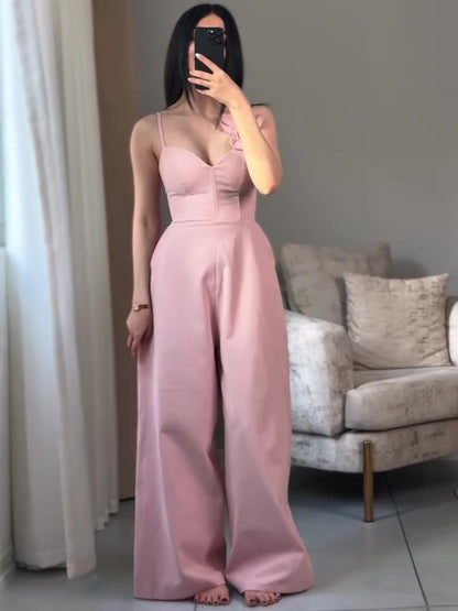 Solid Color Three-dimensional Floral Lace-up Jumpsuit