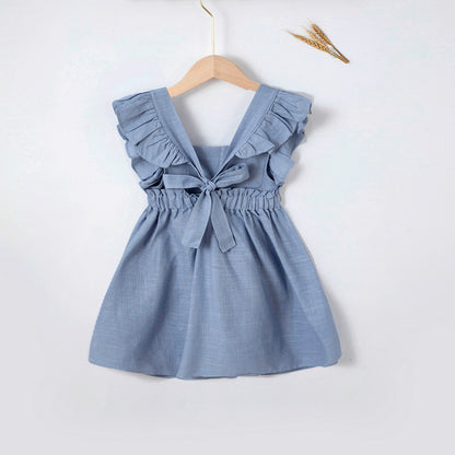 Girls' Cotton And Linen Bowknot Wooden Ear Embroidery Dress