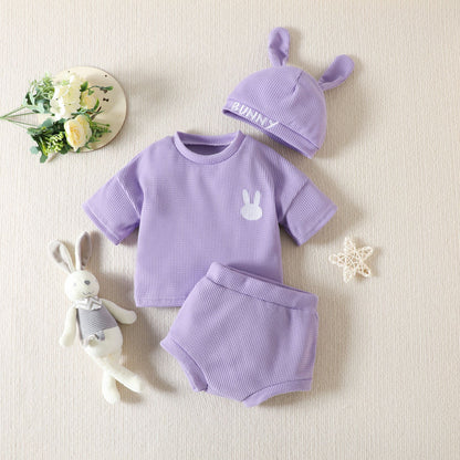 Spring Cute Solid Color Children T-shirt Shorts Hat Suit