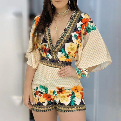 Women's Fashion Partial Print Jumpsuit Shorts