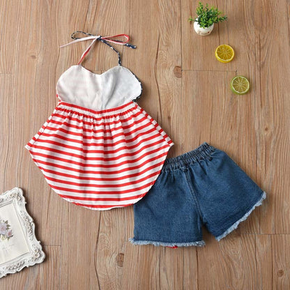 Girls' Spaghetti-strap Floral Print Jeans Suit