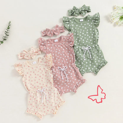 Boys And Girls Fashion Floral Flying Sleeves Romper Suit