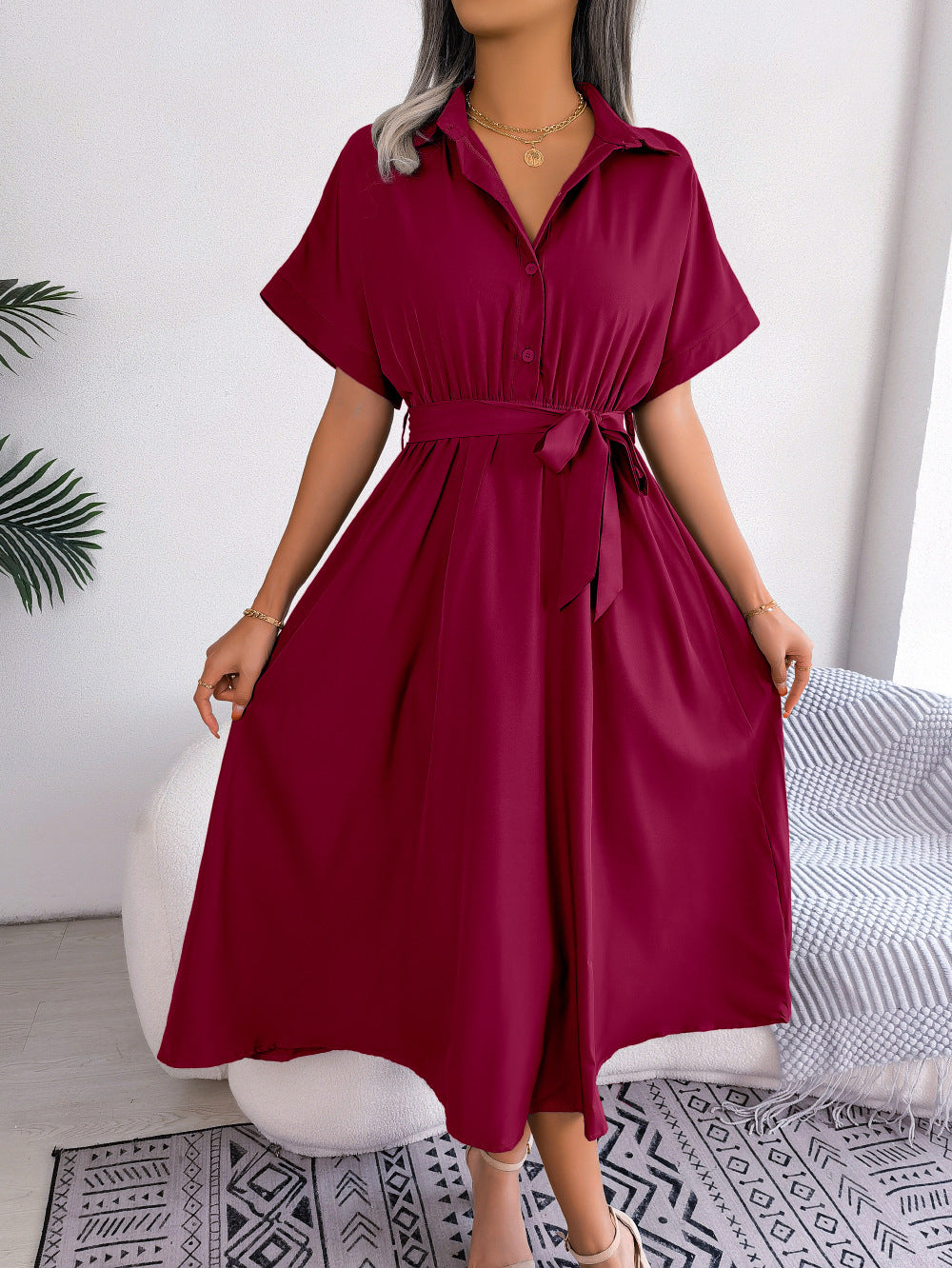 Ins Style European And American Leisure Loose Pure Color Tied Shirtdress
