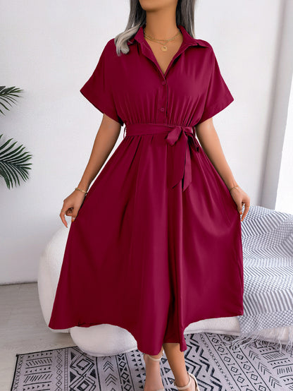 Ins Style European And American Leisure Loose Pure Color Tied Shirtdress