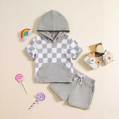 Girls' Plaid Colorblock T-shirt Hooded Shorts Two-piece Set