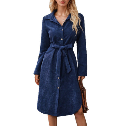 Front Button Belted Irregular Long Sleeve Corduroy Dress