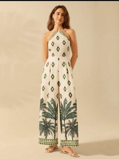 Women's Fashion Printed Sleeveless Halter Wide Leg Jumpsuit
